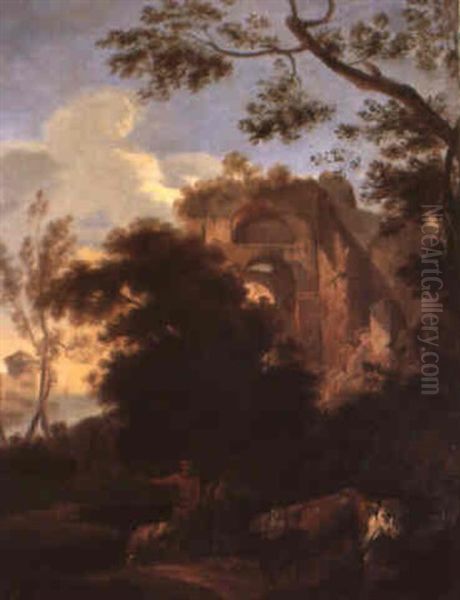 Paysage Italien Avec Des Ruines Et Un Paysan Avec Son Troupeau - view 1