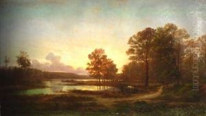 Paysage Lacustre Au Coucher Du Soleil