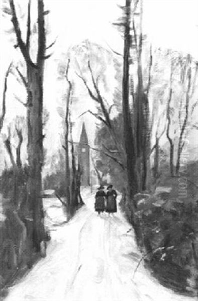 Winterliche Allee Mit Zwei Fauen Und Kirchturm - view 1