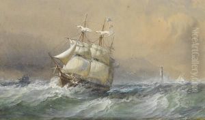 A British Frigate Running Down The Channel Inheavy Seas And Reducing Sail As She Passes The Eddystonelighthouse by Sir Oswald Walter Brierly