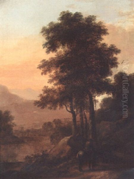 A Wooded Landscape With Travellers And Mules On A Mountain Track - view 1