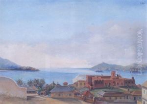 Parti Fra Sankt Thomas Med Udsigt Mod Christiansfort I Baggrunden En Tidlig Flydedok by Frederick Mayer Visby