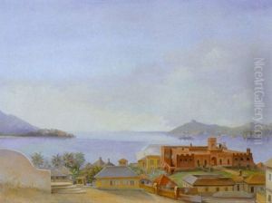 Parti Fra Sankt Thomas Med Udsigt Mod Christiansfort, I Baggrunden En Tidlig Flydedok by Frederick Mayer Visby