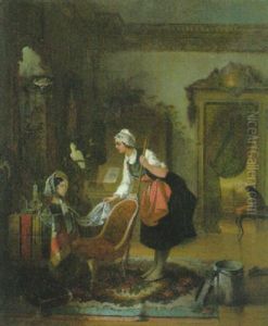 Die Neugierige Kammerzofe Pruft Die Qualitat Der Spitze An Der Puppe Auf Dem Tisch Im Salon