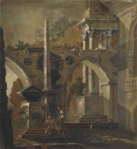 An Architectural Capriccio With Figures Before An Obelisk - view 1