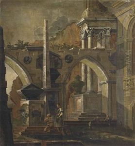 An Architectural Capriccio With Figures Before An Obelisk by Antonio Visentini