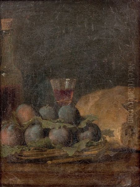 Corbeille De Prunes Avec Une Bouteille De Vin - view 1