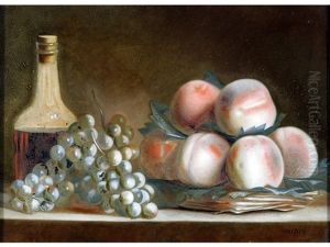 Still Life Of Peaches On A Wicker Dish, Grapes And A Wine Bottle by Francois Xavier Vispre