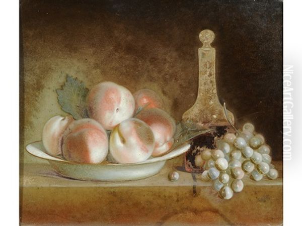 Still Life Of Peaches On A Plate With Grapes And A Decanter Of Wine - view 1