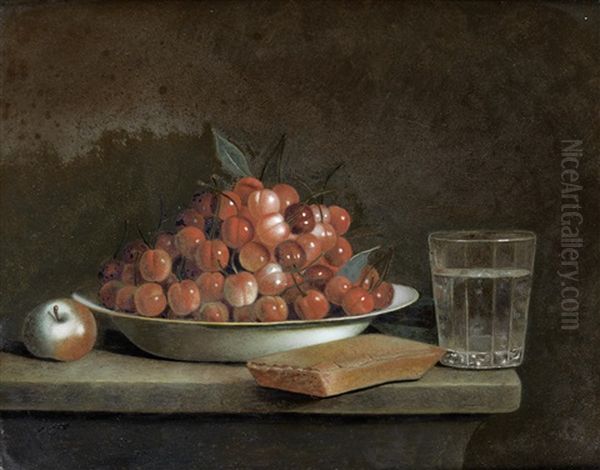 Cherries In A Bowl, With An Apple And A Glass On A Table Top - view 1