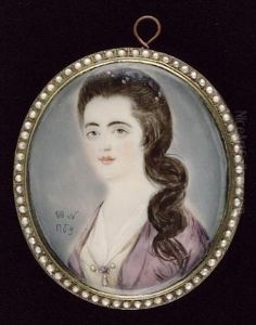 A Lady, Wearing Mauve Open Robe Over Yellow Dress With Pearls At Her Corsage, Further Pearls And Ribbon In Her Brown Hair
