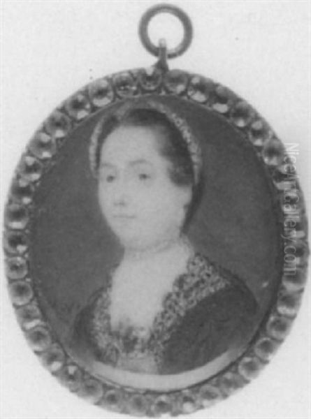 A Lady Wearing Decollete Cerise Dress With Figured Bodice And Flowers At Her Corsage, Black Coat, White Bonnet And Drop Pearl Earring - view 1