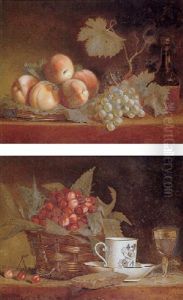 Still Life Of Peaches, Grapes And A Bottle Of Wine All Resting On A Ledge Still Life Of Peaches, Grapes And A Bottle Of Wine All Resting On A Ledge