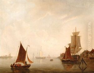 Sailing Ships By A River Mouth by Pier Johannes de Visser