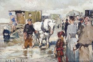 Figures And A Bathing Machine At The Sea Shore by Arthur Briet