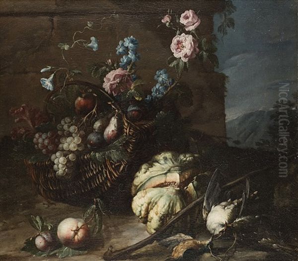 Natura Morta Con Frutta, Fiori, Melone E Volatili - view 1