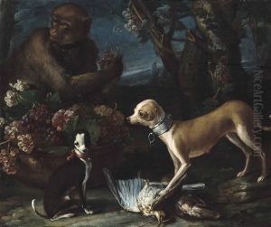 Two Dogs, A Brace Of Woodcock, A Monkey Holding A Bunch Of Grapes, With Flowers And Grapes In A Copper Urn, In A Landscape by Candido Vitali
