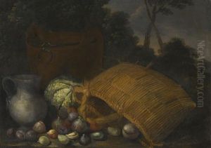 An Overturned Basket With Fruit And Vegetables An Overturned Basket With Fruit And Vegetables