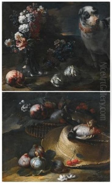 A Still Life With A Straw Hat, Figs, Cherries And Other Fruits In A Basket; A Still Life With Flowers In A Vase, Fruits And A Dog (pair) - view 1