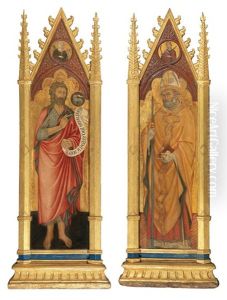 Saint John The Evangelist With Saint Agatha Above; And Saint Nicholas With A Female Saint by Francesco D'Antonio Da Viterbo