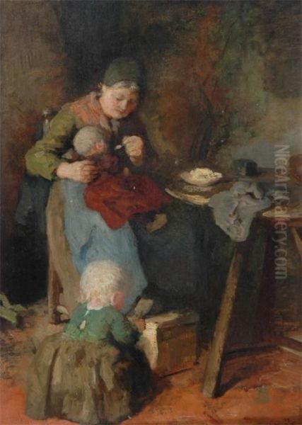 Interior Women Feeding Children By Her Lap, With Another By Her Feet - view 1