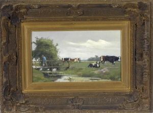 Weite, Sommerliche Weidelandschaft Mit Einigen Kuhen, Links Ein Bauer Auf Einem Holzsteg by Arthur Briet