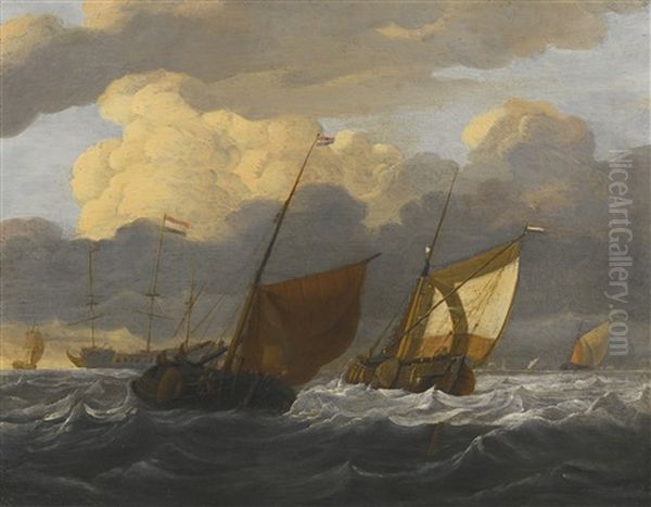 A Kaag And A Smalschip In Choppy Seas, A Dutch Whaler At Anchor Beyond - view 1
