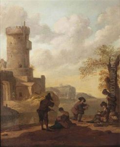 A Coastal Landscape With Figures Resting Outside A City Gate
