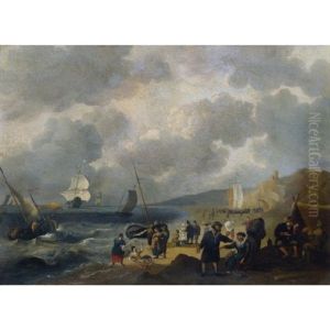 Figures On The Beach With Shipping In A Choppy Sea by Wigerus Vitringa