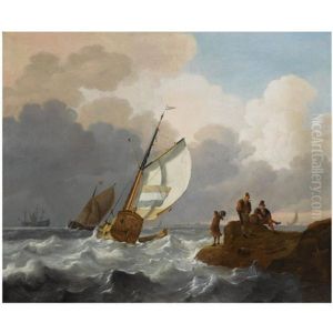 Dutch Sailing Vessels In Choppy Waters, Fisher Folk On The Rocks In The Foreground, A View Of A Town Beyond by Wigerus Vitringa