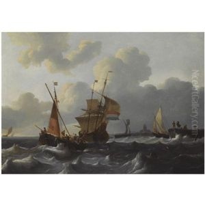 Dutch Shipping In Choppy Waters Near A Dutch Village by Wigerus Vitringa