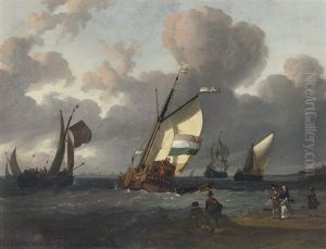 Shipping In Choppy Waters Before A Crowded Beach, A Town Beyond by Wigerus Vitringa