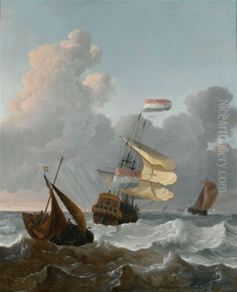A Man Of War (tsar Peter?) And Two Smalschips In A Rough Sea - view 1
