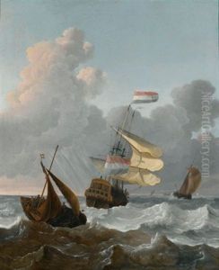 A Man Of War (tsar Peter?) And Two Smalschips In A Rough Sea