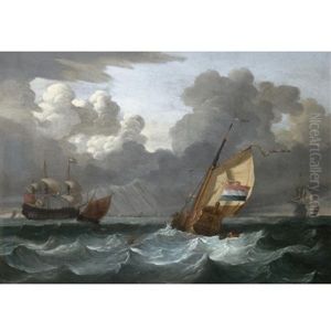 A Dutch Yacht Off The Coast, A Man-o-war And Other Ships In The Distance by Wigerus Vitringa