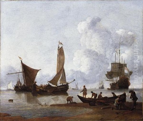 Fishermen Unloading Their Catch On The Shore, Moored Fishing Boats And Dutch Men-o-war At Anchor Beyond - view 1