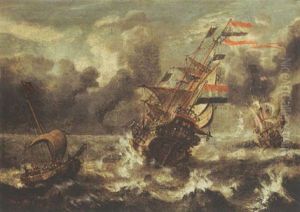 A Man-of-war And Other Sailing Vessels In Stormy Waters by Wigerus Vitringa