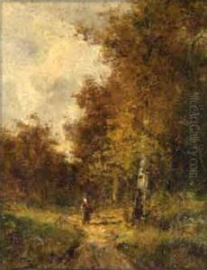 Figure Walking On A Country Path In A Wooded Autumn Landscape by Carlo Vittori