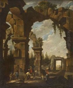 Figures By Classical Ruins (+ Horsemen By Classical Ruins; Pair) by Ottavio Viviani