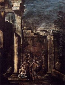 An Architectural Capriccio With A Soldier Conversing With A Courtesean