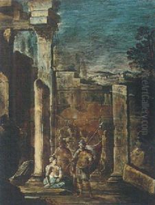 An Architectural Capriccio With A Soldier Conversing With A Courtesan