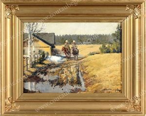 Cosaques A Cheval Traversant Un Village En Automne by Ivan Alexeievitch Vladimirov
