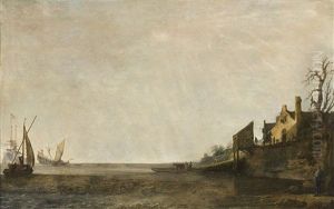 Ships At Anchor By A Dyke by Simon De Vlieger