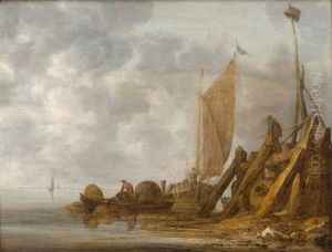 A River Landscape With The Entrance To A Harbour, A Fisherman In A Small Boat With Lobster Pots And A Sailing Boat by Simon De Vlieger