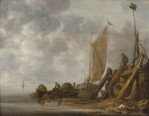 A River Landscape With The Entrance To A Harbour, A Fisherman In A Small Boat With Lobster Pots And A Sailing Boat Near A Jetty
