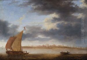 A River Landscape With A Dutch Sailing Boat And Fishermen Throwing Out Their Nets From A Rowing Boat, A View Of A Village On The Coast Beyond