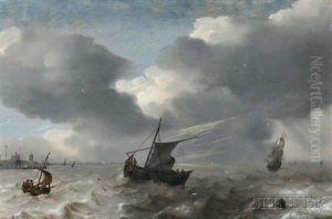Vessels In Rough Seas Off The Dutch Coast by Simon De Vlieger