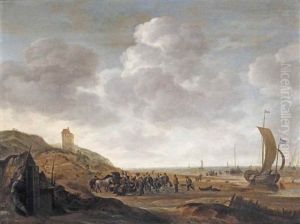 A View Of The Coast Near Egmond, With Fishing Boats Returning From The Catch And A Busy Fish Market At The Foot Of A Dune