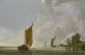A Calm Estuary At Dawn With A Dutch Kaag by Simon De Vlieger