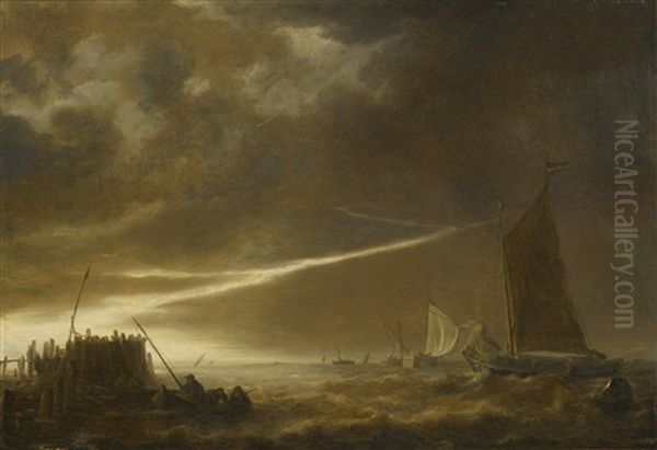 Lightning Over Rough Waters With Sailing Vessels - view 1